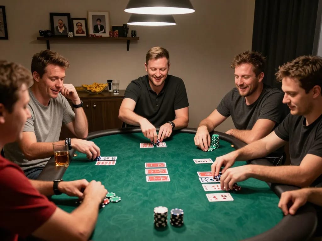 Friends enjoying a lively poker night at home while using the go8 gaming strategy