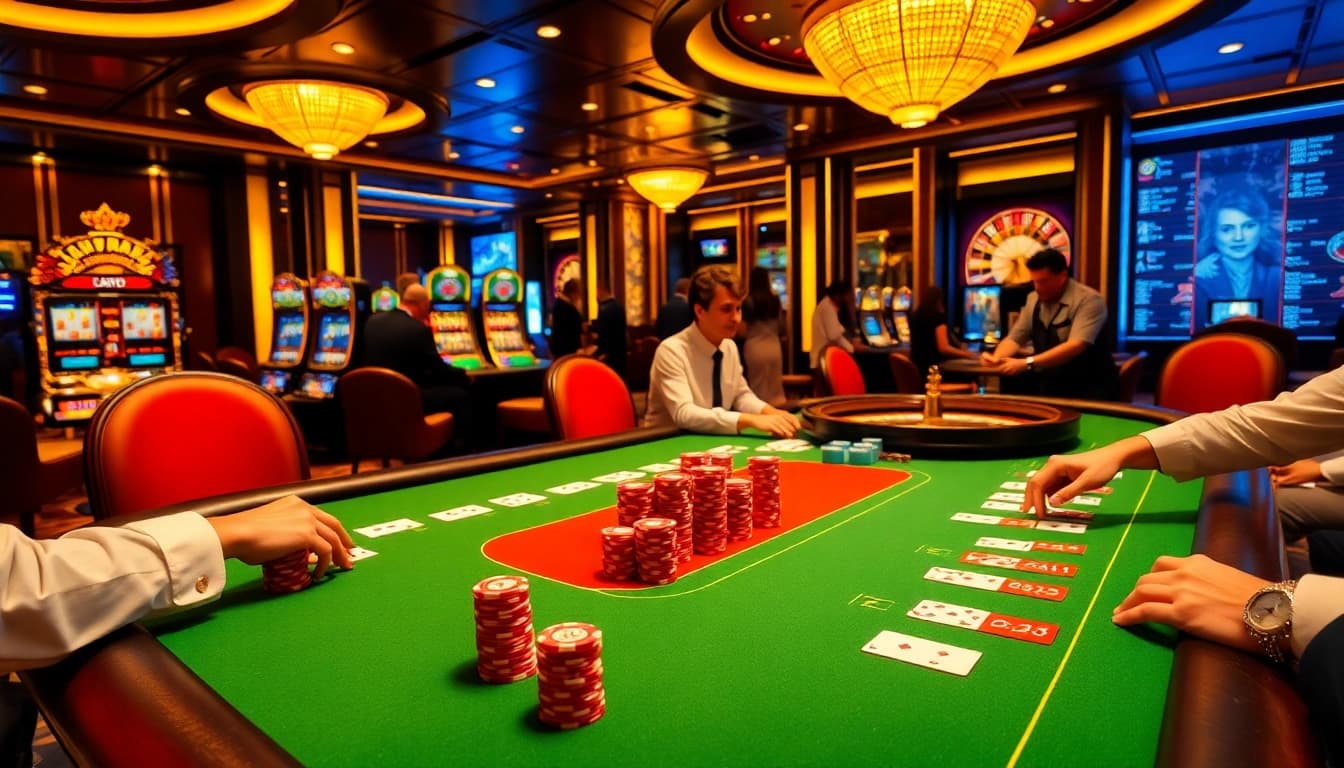 Players enjoying an exciting poker game at CM88 casino table with vibrant chips.