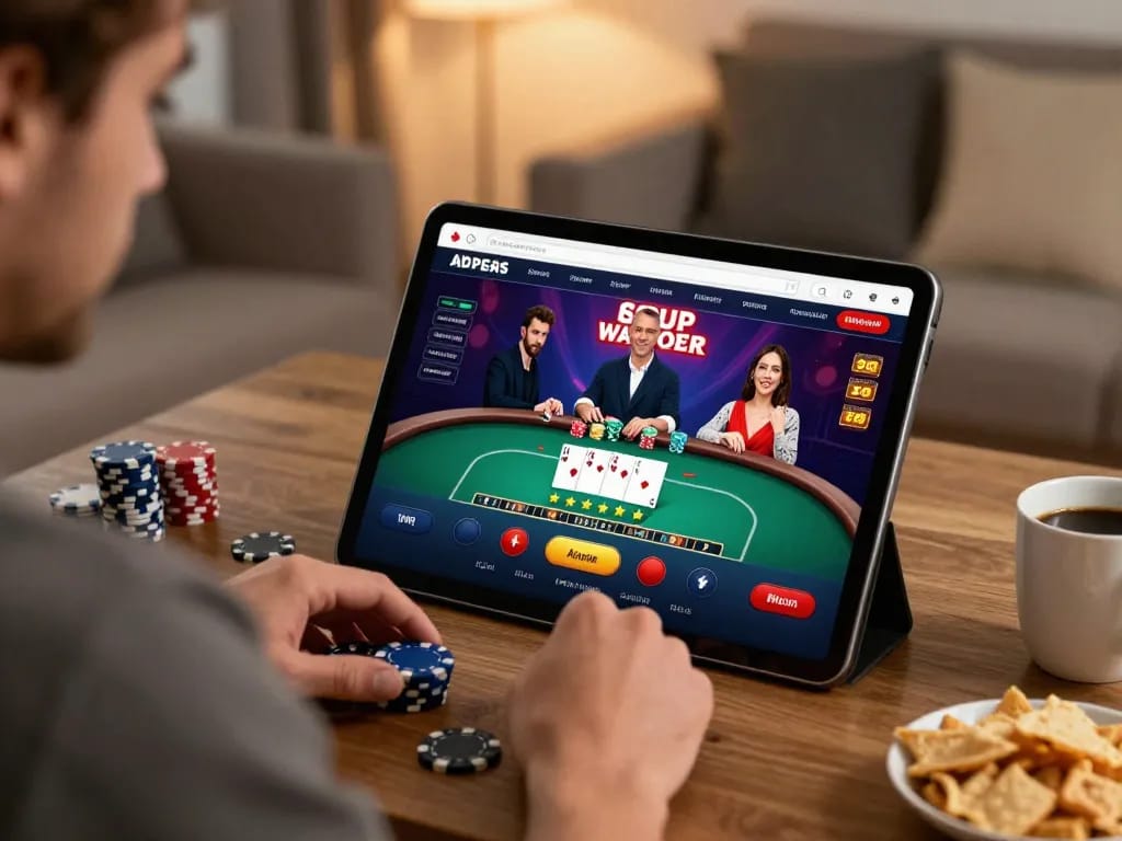 LC88 user engaging in live poker on tablet, enjoying a cozy home gaming experience.