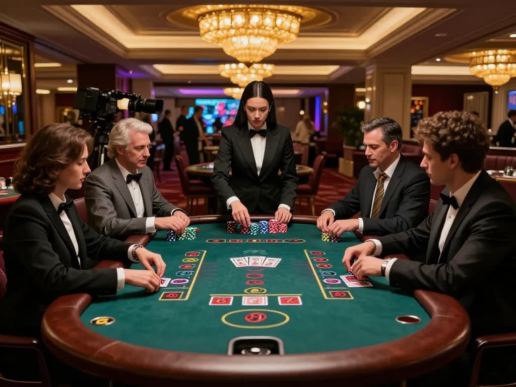 Players at vk88 blackjack table strategizing bets in an upscale casino setting.