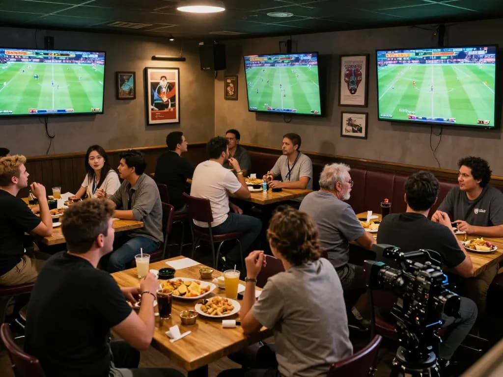 Cheering patrons engaged in sports betting while following ผลบอลสด in a lively sports bar atmosphere.