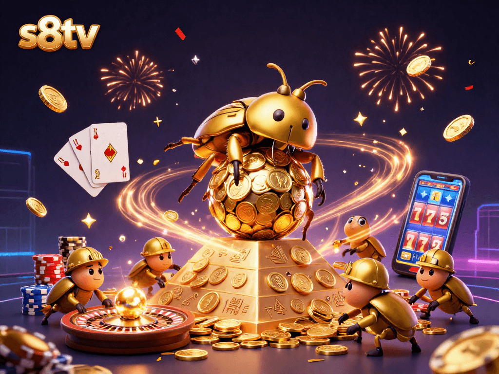 Experience vibrant casino action with s8tv in a dynamic gambling illustration featuring golden elements.