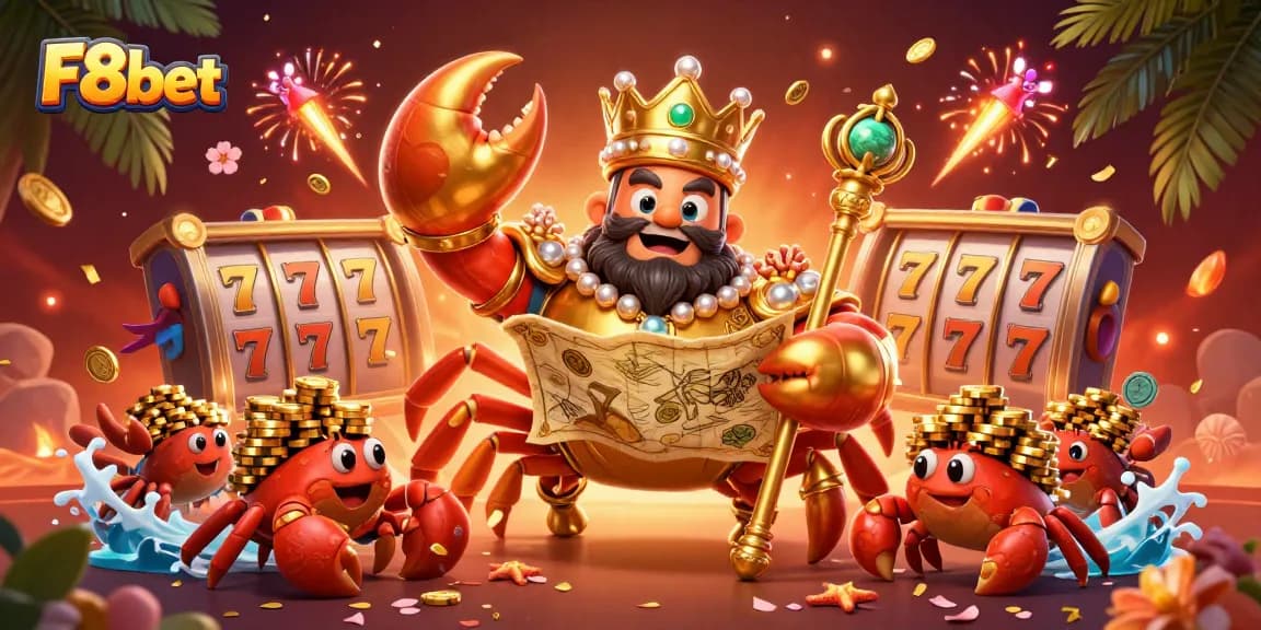 Experience thrilling gaming with F8bet's golden crab emperor overseeing a vibrant casino universe.
