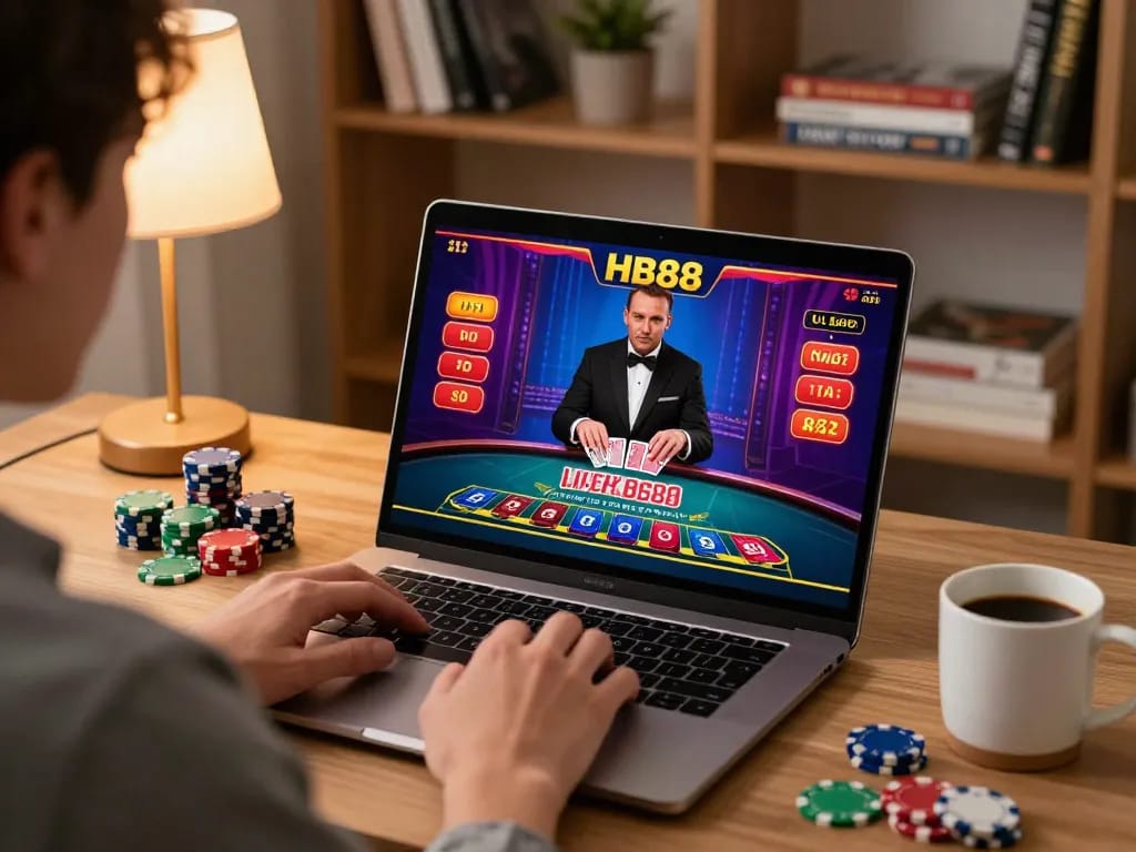 Playing HB88 live dealer blackjack at a modern home office, emphasizing strategy and engagement.