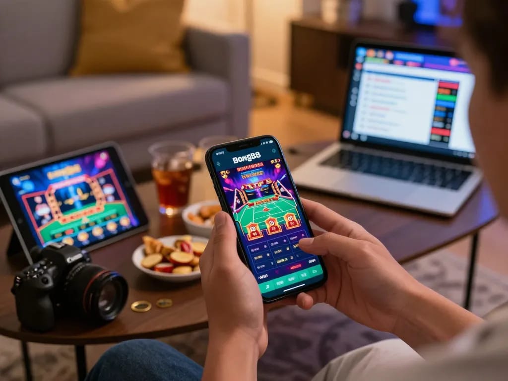 Bong88 user engaging with mobile casino app showcasing live games and betting, created in a cozy home atmosphere.