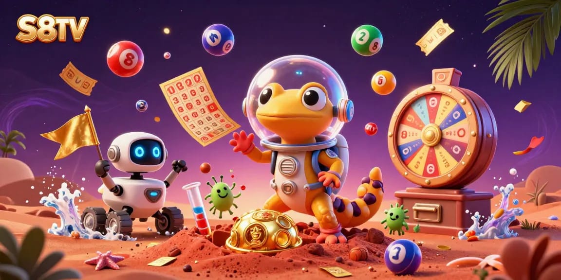 Experience exciting wins at S8TV with vibrant casino games and magical Martian adventures in this illustration.