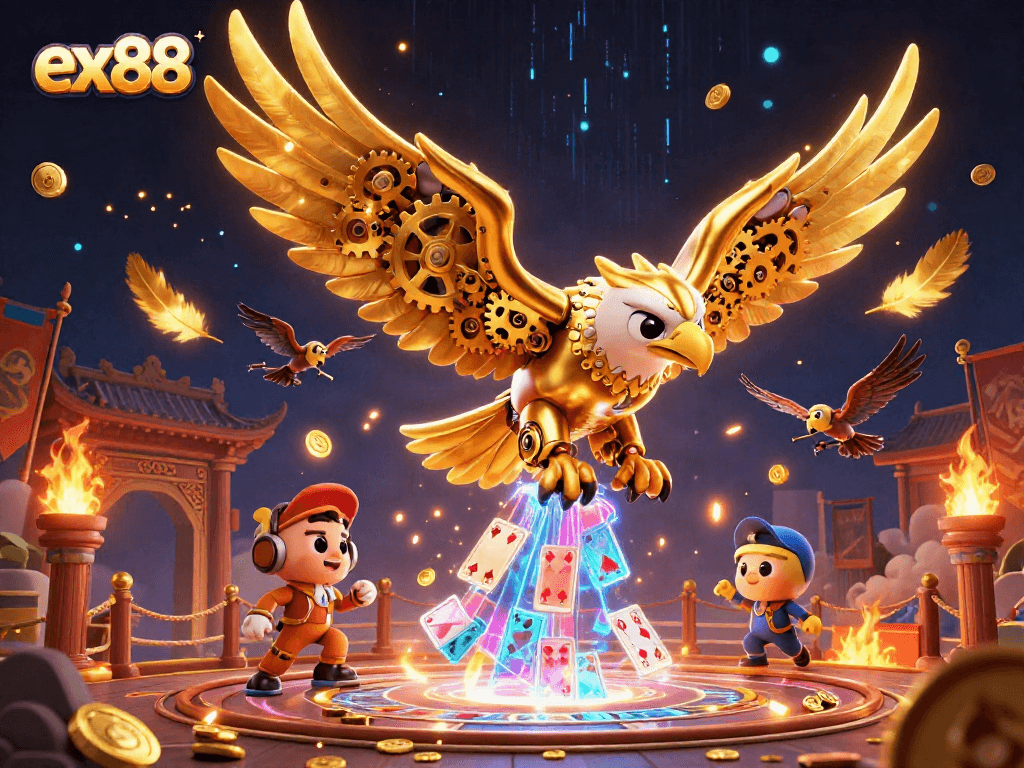 Experience excitement with ex88 as a golden eagle dives amidst holographic cards, showcasing rich casino themes.