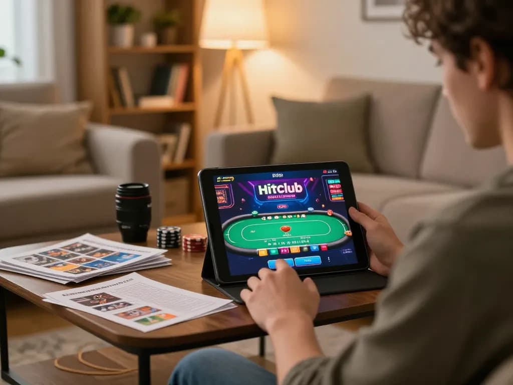 Player engaging with Hitclub's casino interface on a tablet in a cozy home setting, demonstrating online gaming.