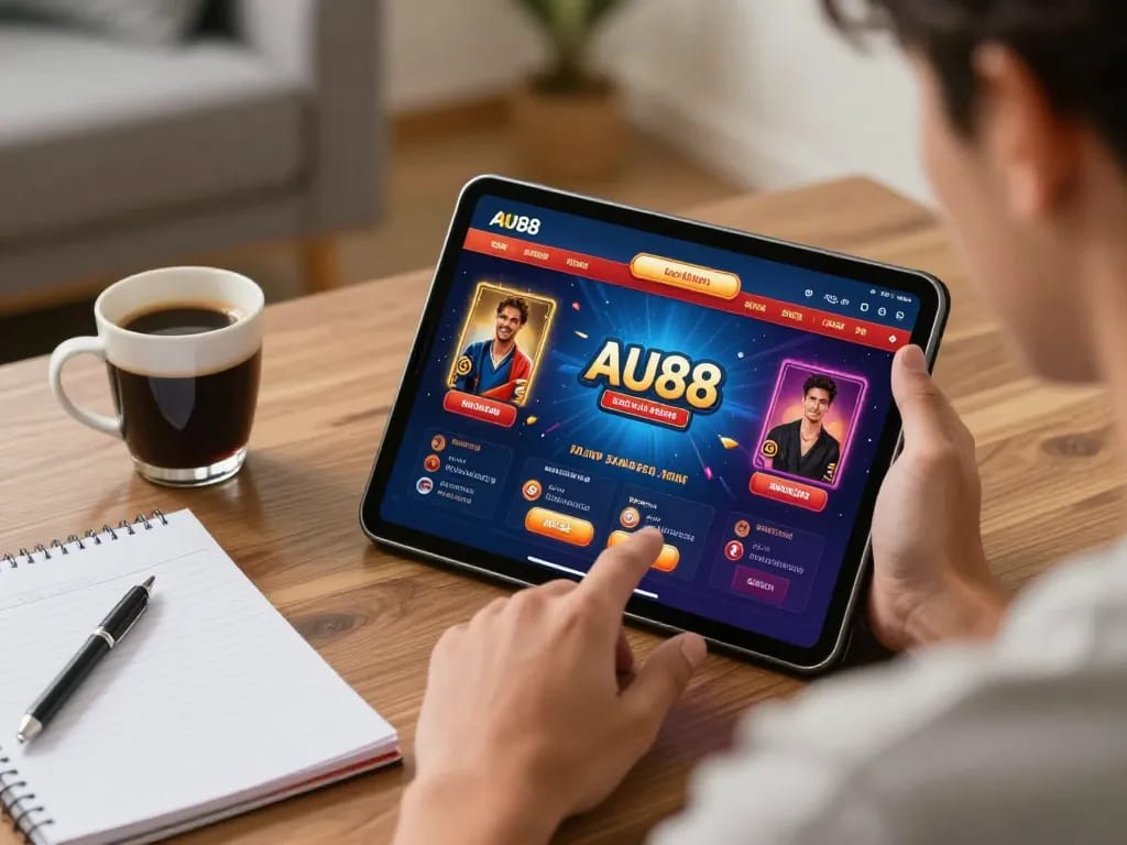 Engaged player using the Au88 app for online gambling in a cozy home setting.