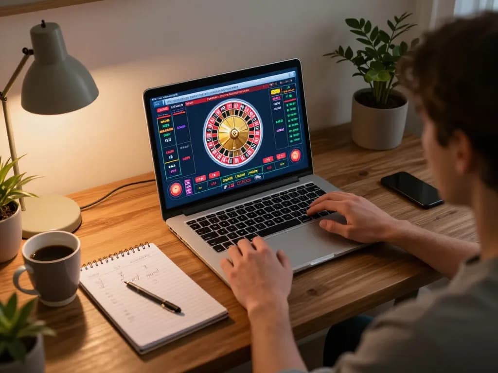 Player enjoying an online roulette game on 88aa laptop, showcasing vibrant interface and cozy setup.