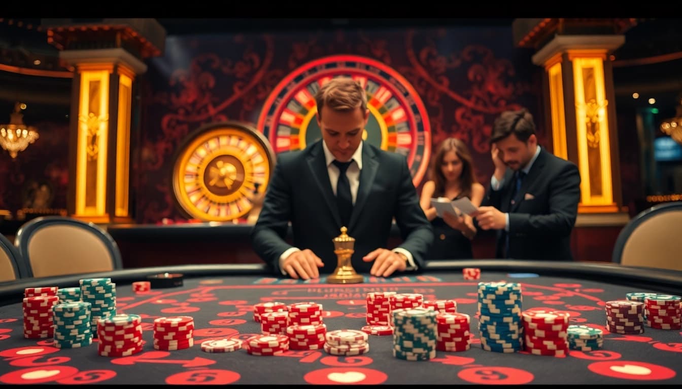 LUCK8 casino offers a thrilling poker experience with vibrant chips and a professional dealer.