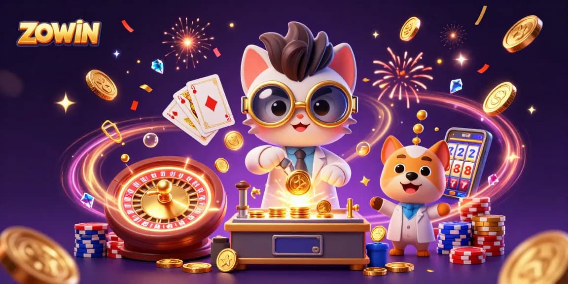 ZOWIN brings excitement with a mad scientist cat and dog in a casino setting, showcasing vibrant gaming elements.