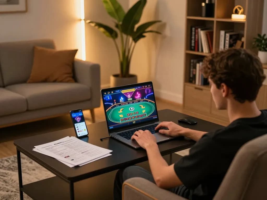 Engaging in online casino gaming with KUWIN app on laptop and strategic notes by the side