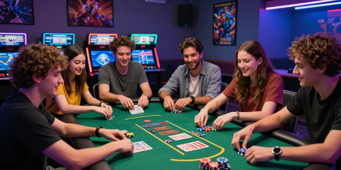 Group at au88 gaming lounge enjoying blackjack and camaraderie in a vibrant atmosphere.
