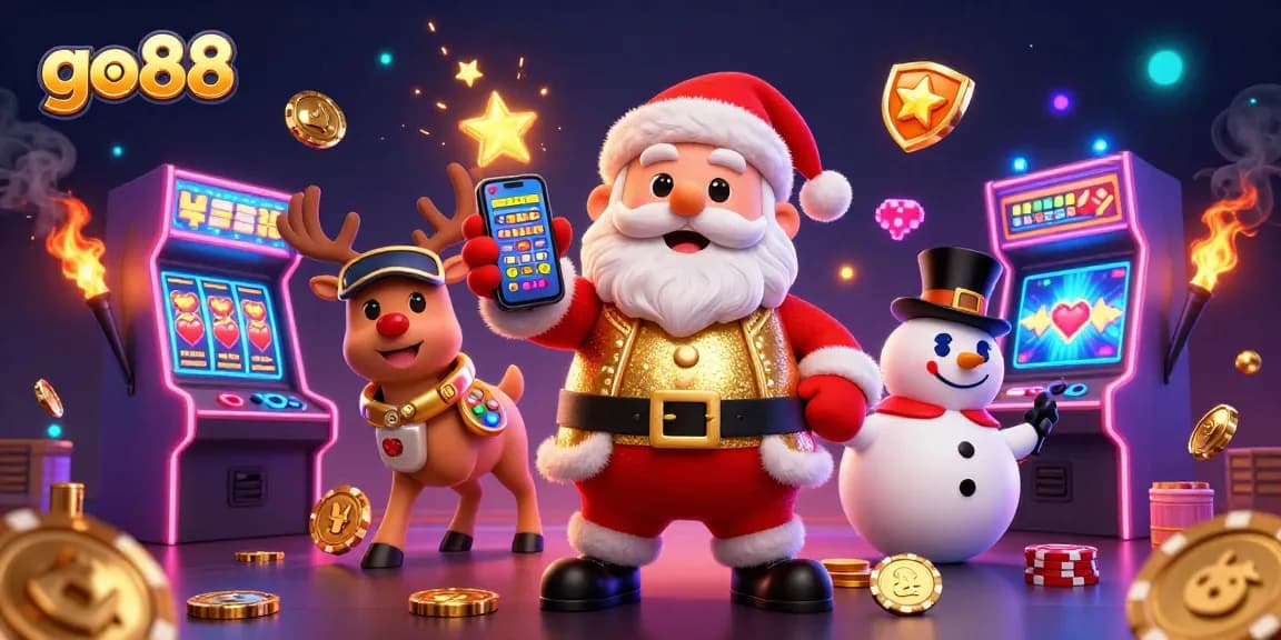 Experience go88's vibrant casino ambiance with Santa and friends celebrating jackpot fun!