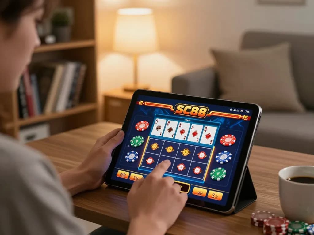 Engaging gameplay on SC88 casino app displayed on tablet, showcasing modern online gambling.