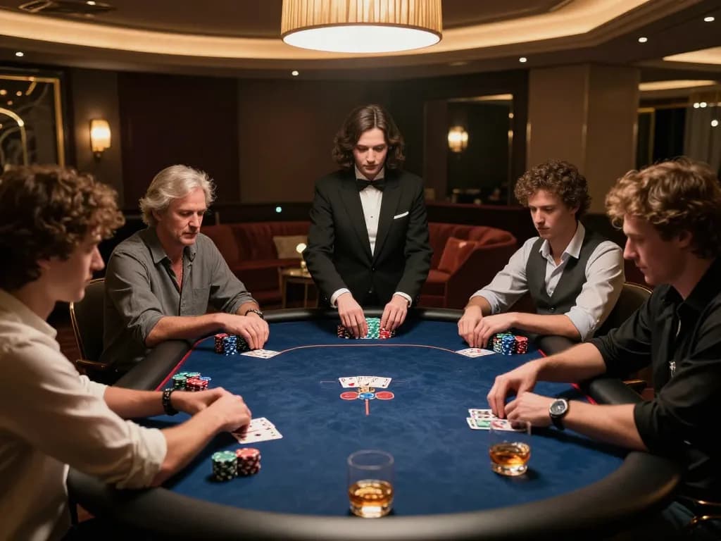 Players engaged in a thrilling poker game at 79KING2 VIP table with chips stacked and drinks nearby