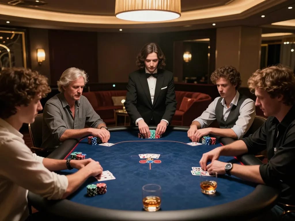 Players engaged in a thrilling poker game at 79KING2 VIP table with chips stacked and drinks nearby