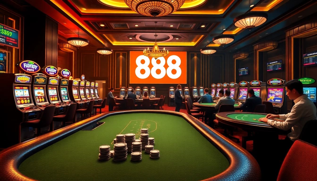 An engaging casino scene highlighting 888new with players at a poker table and vibrant slot machines.