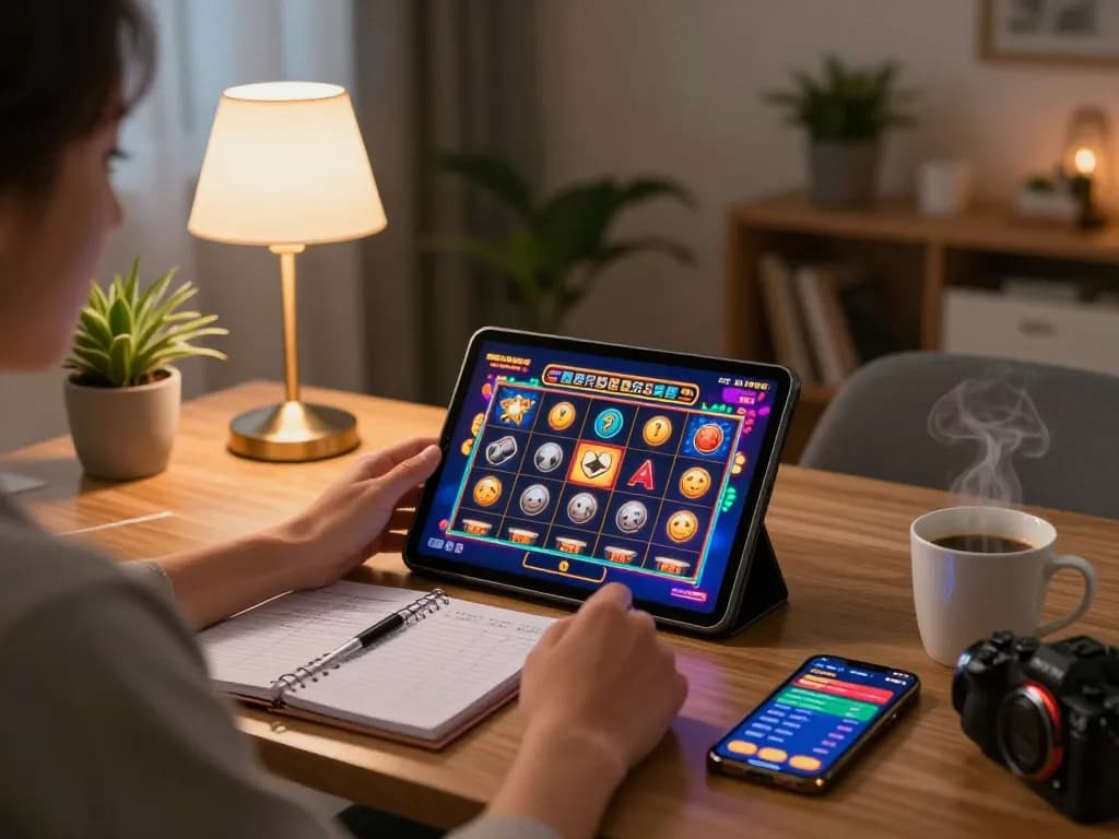 Engaging TR88 online casino session with vibrant slots on tablet, personal space, and bankroll management.