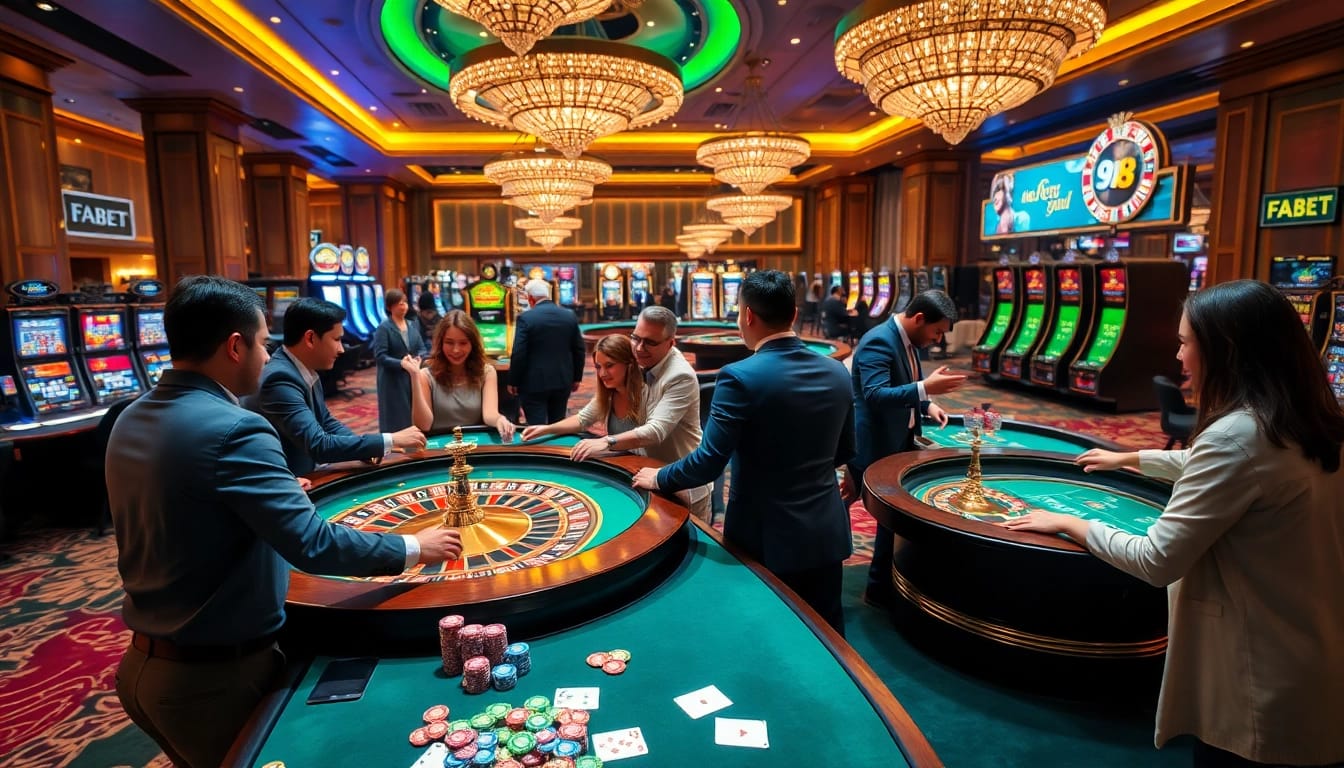 Experience the thrill of gambling at FABET with vibrant casino scenes and engaging players.