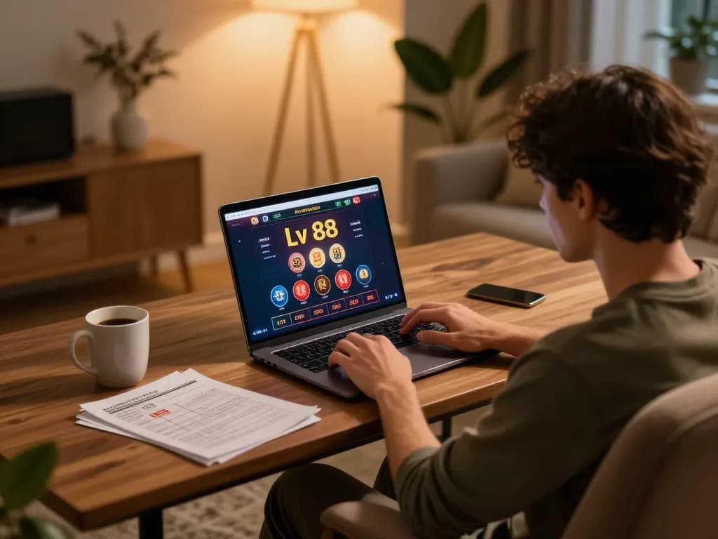 Engaging in tactical online gaming at Lv 88 with a laptop and strategy notes in cozy home setting