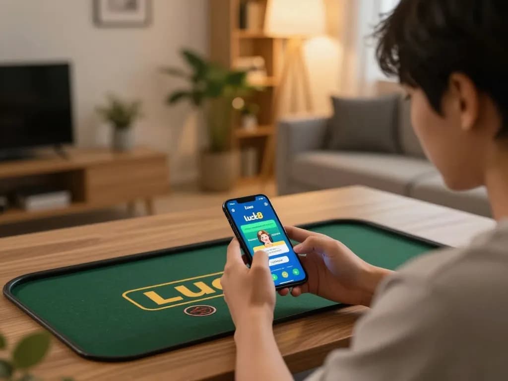 Player placing bets on the luck8 app in a cozy home setting, emphasizing online casino excitement