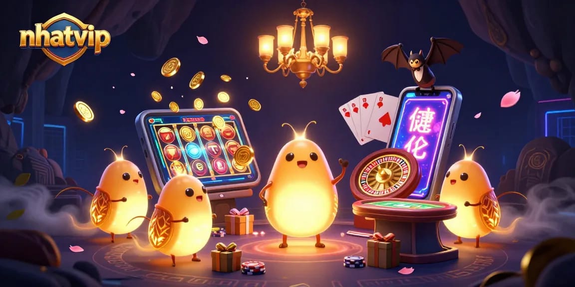 Nhatvip invites players to explore a vibrant cave casino illuminated by glowworms.