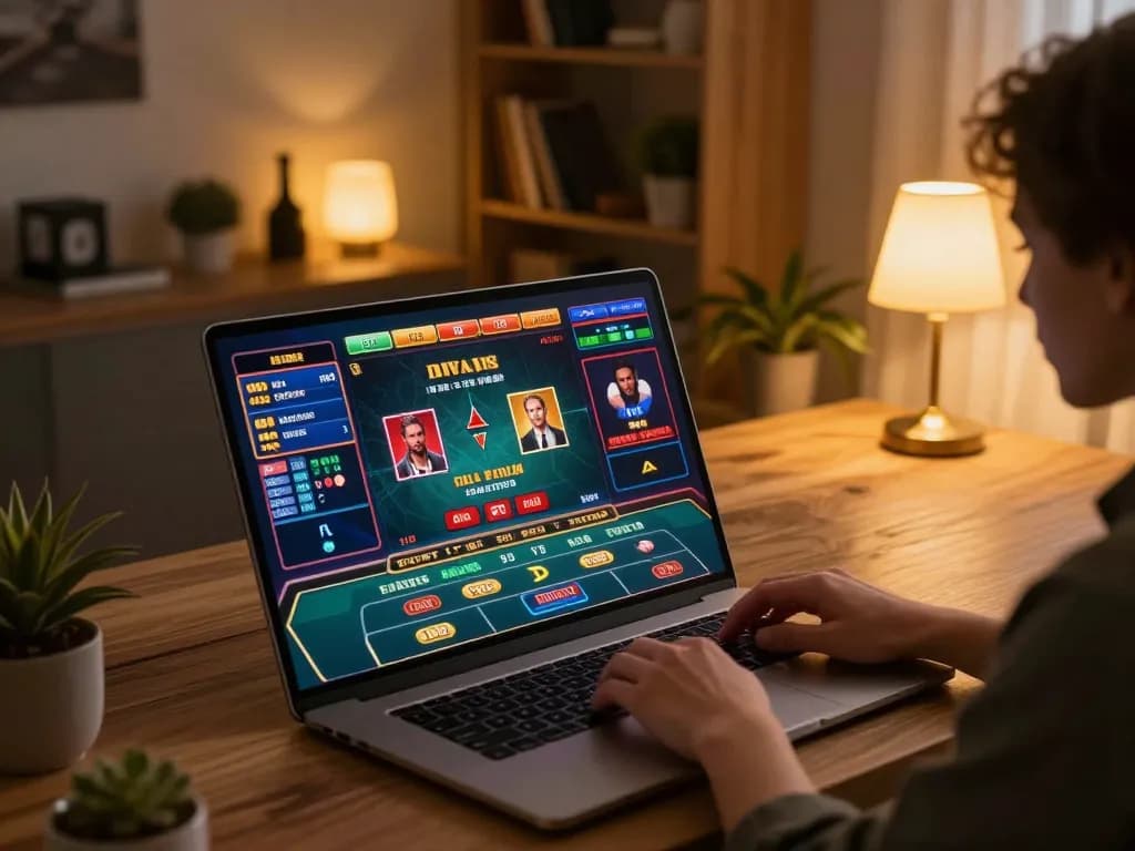 Engaging online gaming experience showing Link mới Dabet on a laptop, highlighting vibrant live dealer tables.