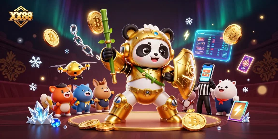Xx88 casino scene featuring a golden panda in a mech suit with crypto elements and vibrant background.