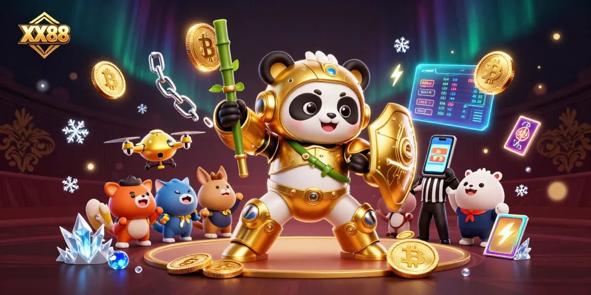Xx88 casino scene featuring a golden panda in a mech suit with crypto elements and vibrant background.
