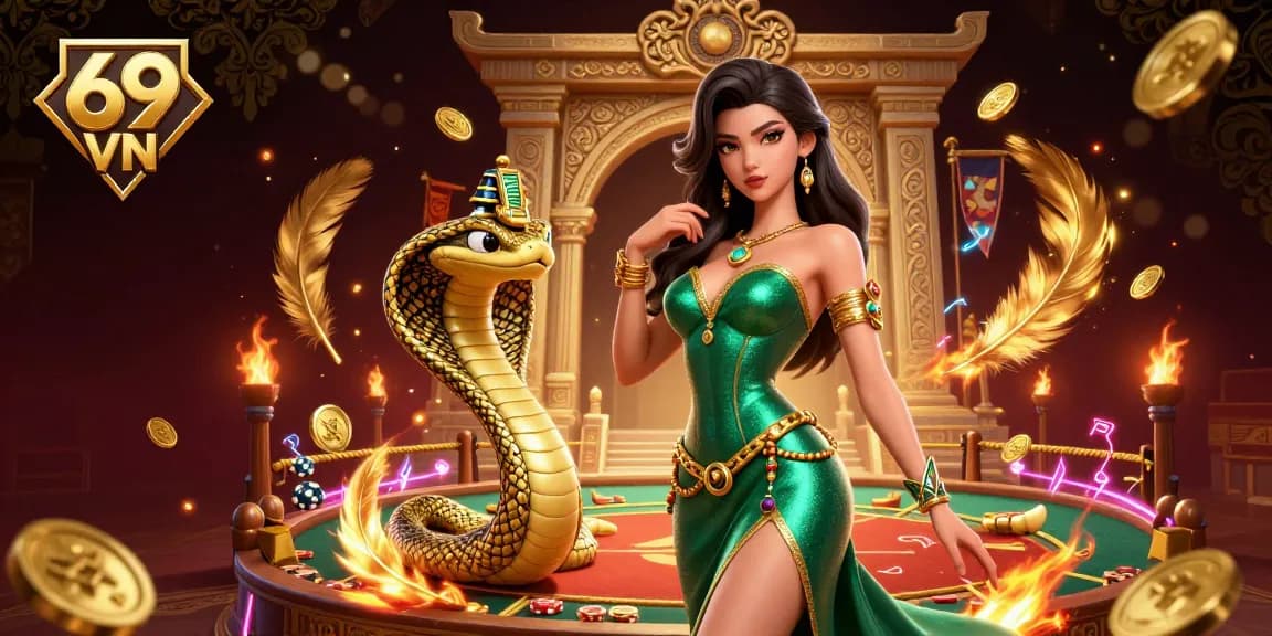 Engage with thrilling gameplay at 69 VN featuring dynamic elements, golden cobra, and an emerald-clad figure.