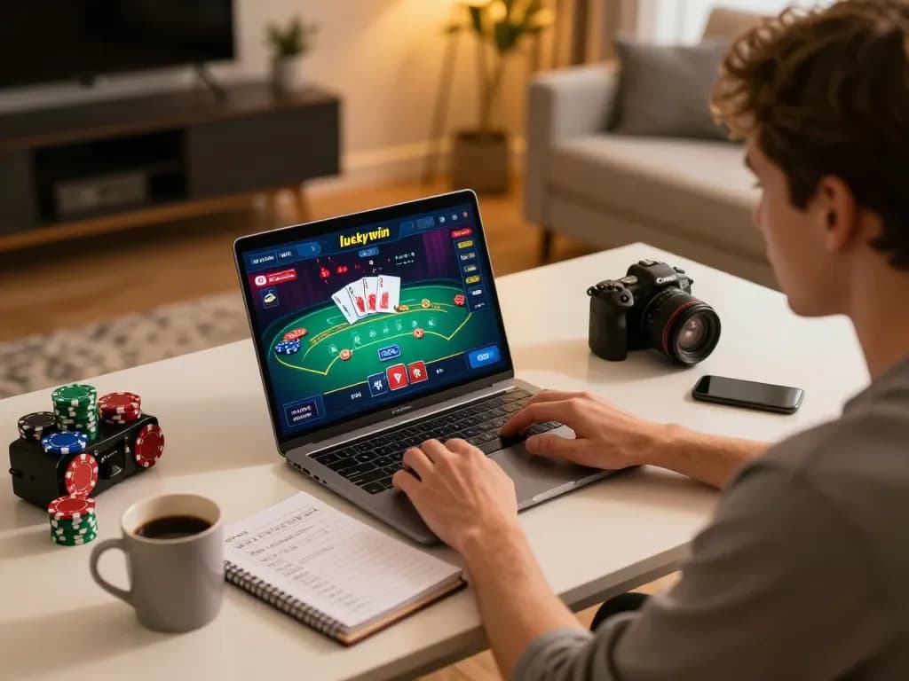 Engaging in exciting gameplay on the luckywin bet online platform at a stylish home desk.