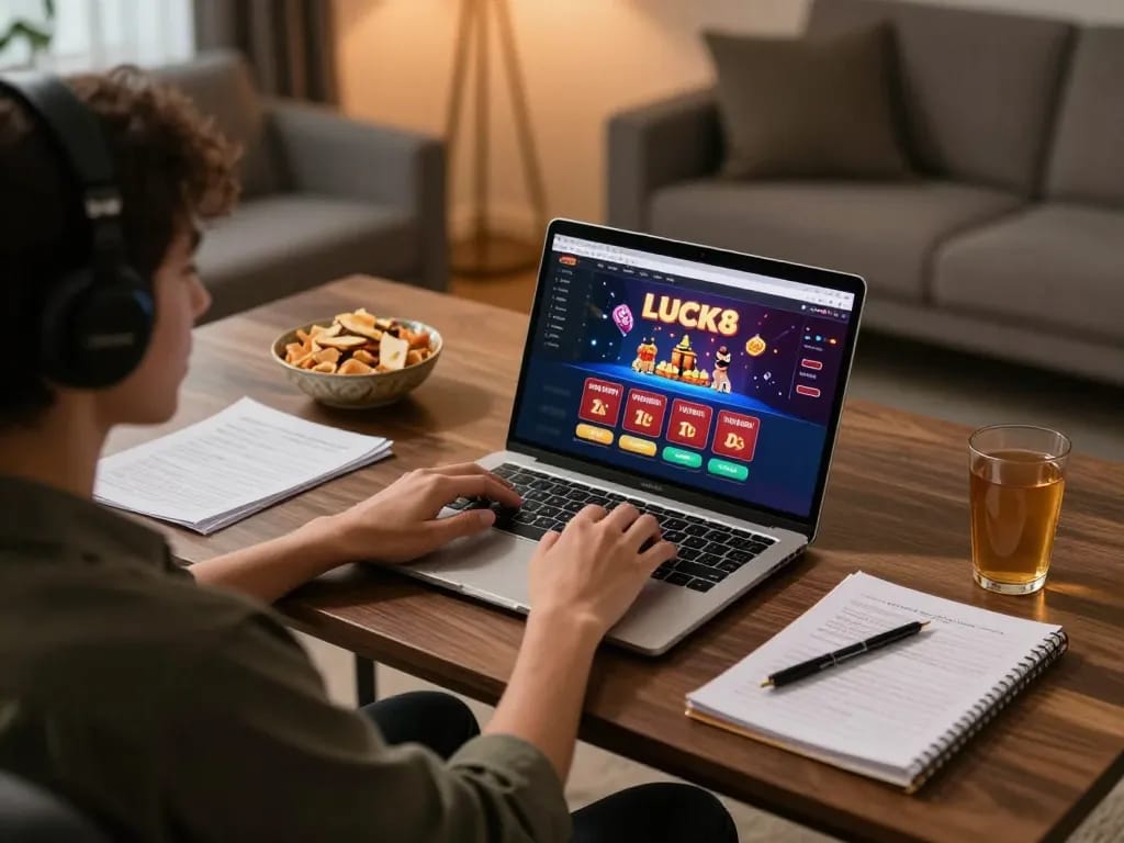 Engaging in online gaming at LUCK8 casino with a cozy home setup