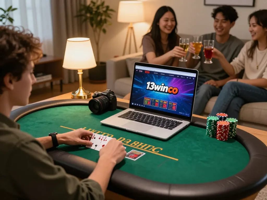 Player engaging in live dealer blackjack on 13winco's online platform while enjoying a casual home atmosphere.