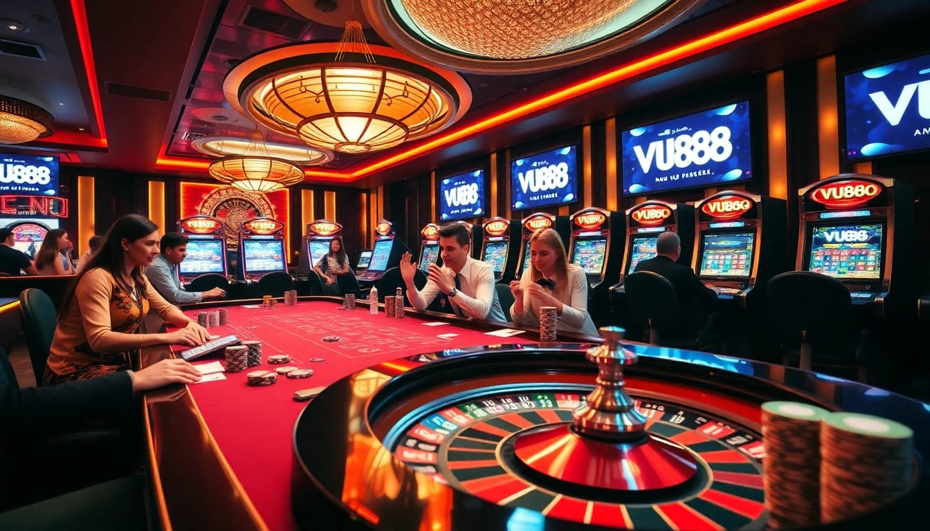 Experience thrilling gaming at VU88's stunning casino atmosphere with roulette and poker.