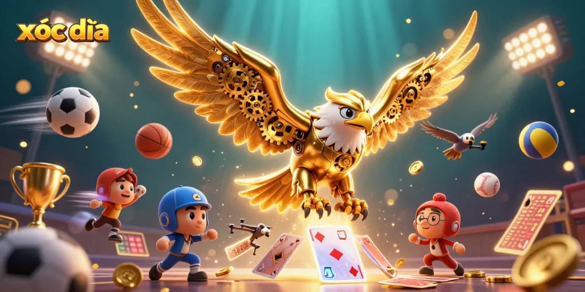 Experience the thrill of xóc đĩa with a vibrant illustration of a golden eagle and dynamic game elements.