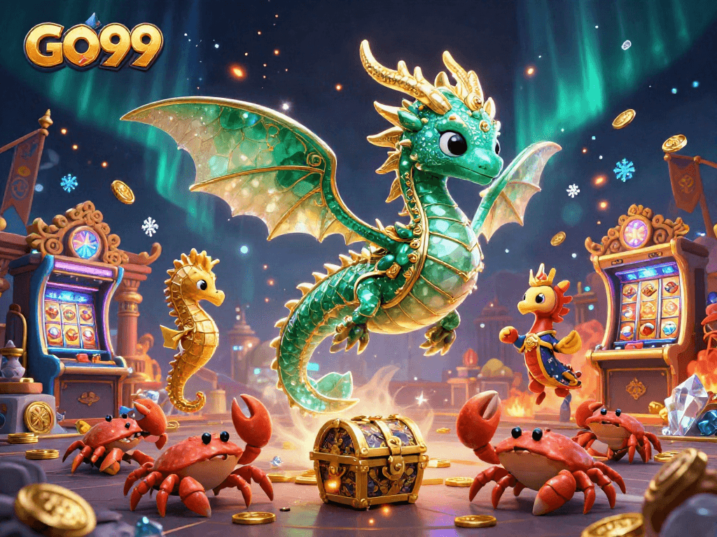 Experience thrilling gameplay with GO99, featuring an emerald sea dragon and vibrant gaming elements.
