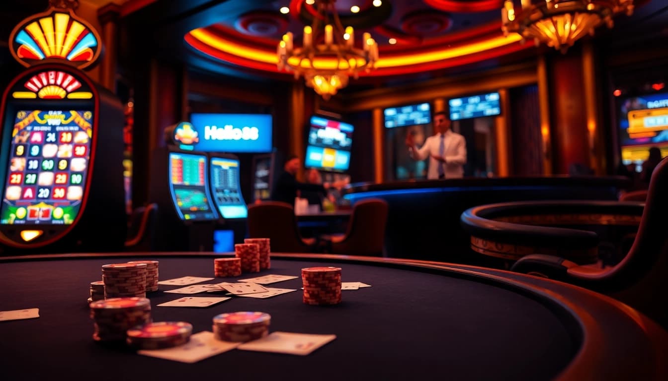 Experience the thrill of gambling on HELLO88 with a luxurious casino scene featuring poker, slots, and roulette.