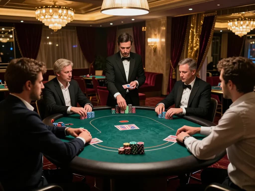 Players at a high-stakes poker table strategizing in 789Win's lavish casino atmosphere