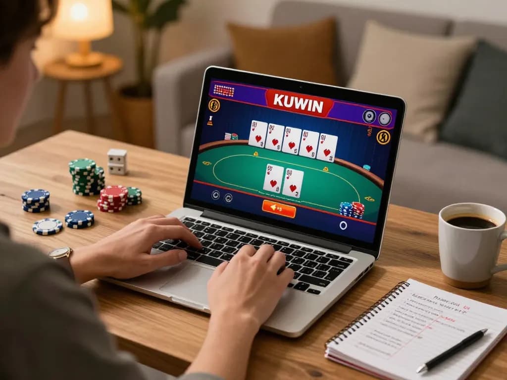 Engaging in KUWIN online poker with stylish home setup and strategic notes.