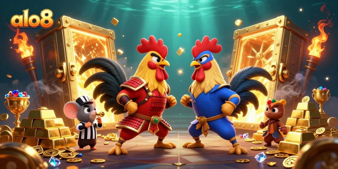 Engage in thrilling fights with alo8's dynamic rooster duel amidst treasure and casino excitement.
