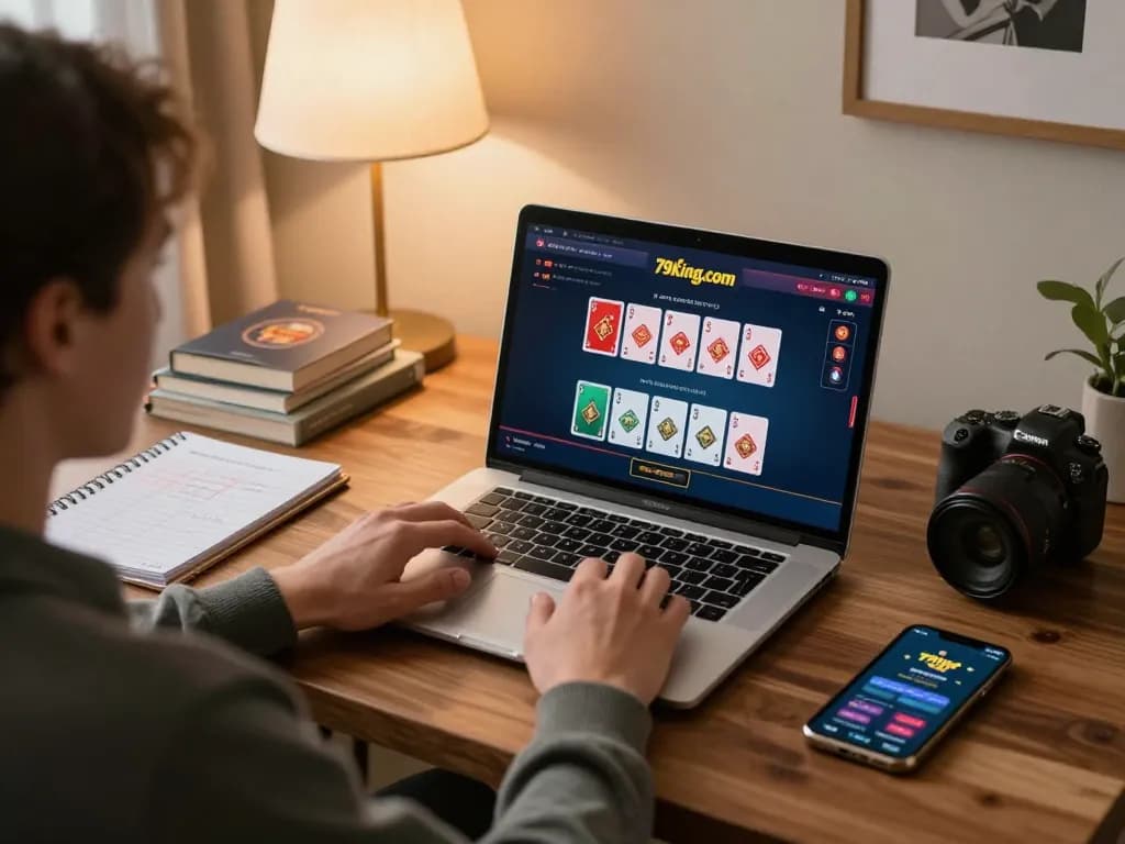 Engaged player interacting with 79king.com, showing poker game on laptop in a cozy home environment.