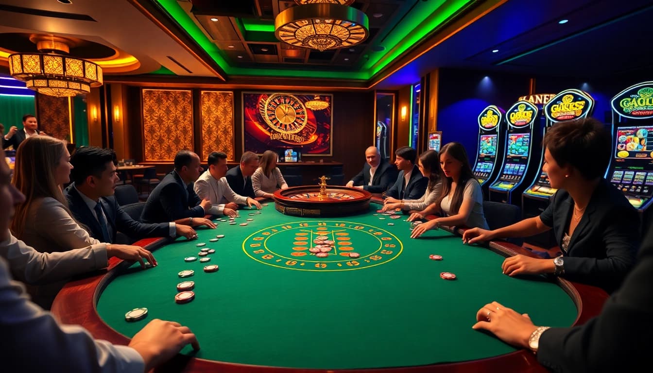 Cổng game LUCK8 showcasing a vibrant casino scene with poker tables, roulette wheels, and enthusiastic players.
