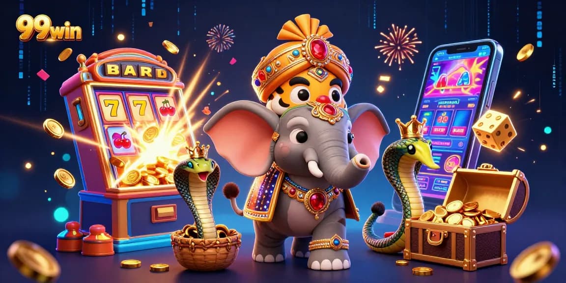 Experience thrilling jackpots and big wins in casino-style excitement with 99win's vibrant 3D illustration.