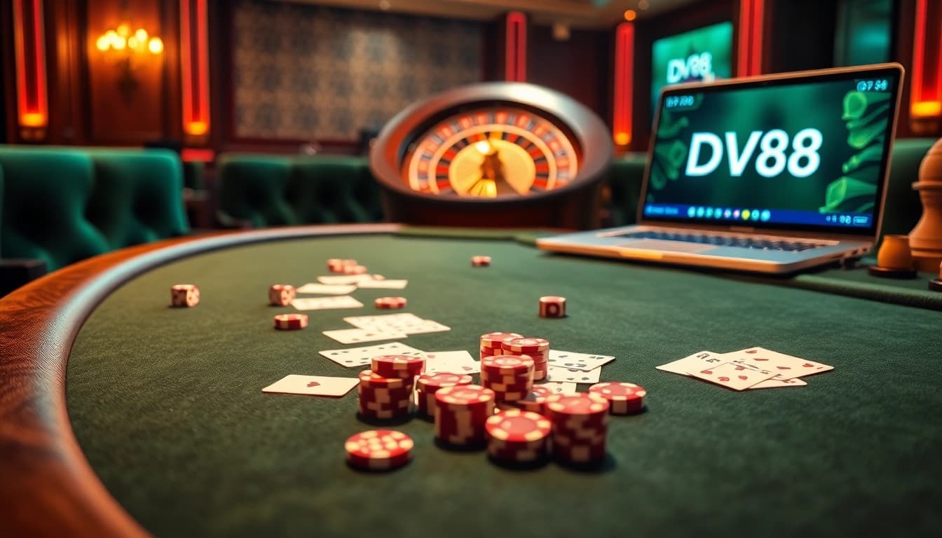 A dynamic casino scene featuring DV88's poker table with vibrant chips and cards, embodying luxury and excitement.