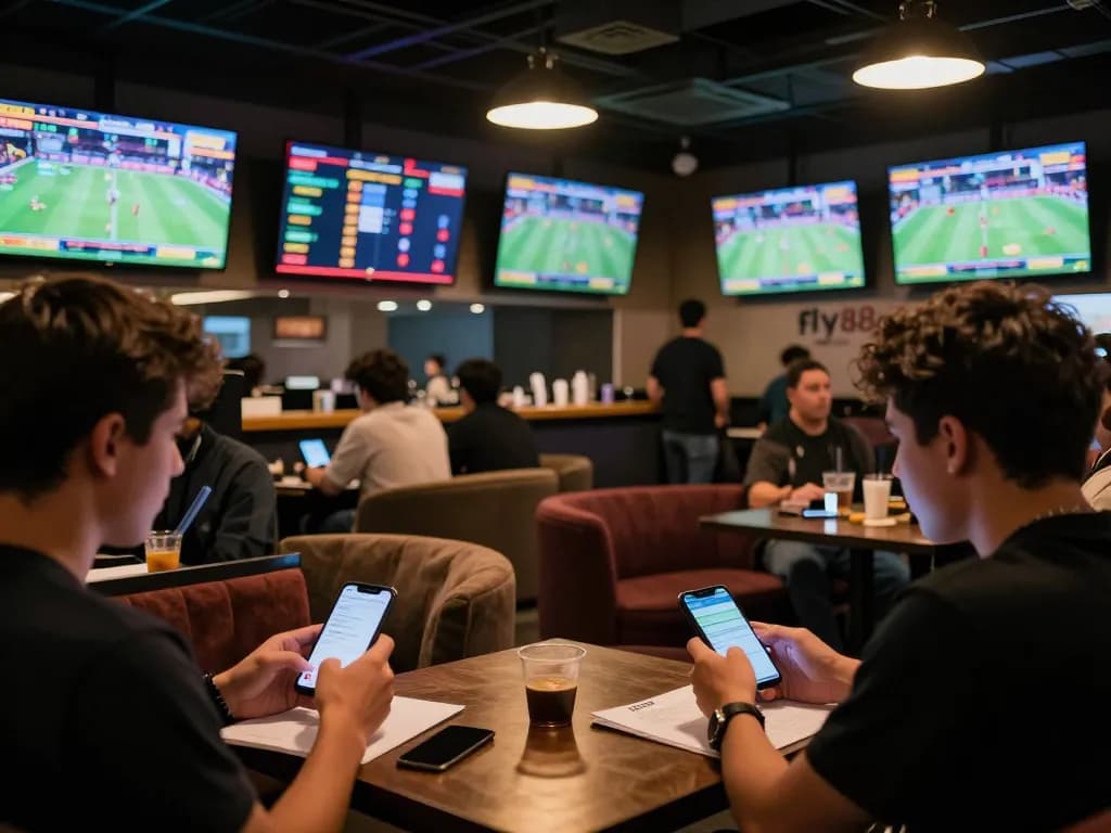 Engaging crowd at a Fly88 trang chủ sports betting lounge, using apps and enjoying live events.