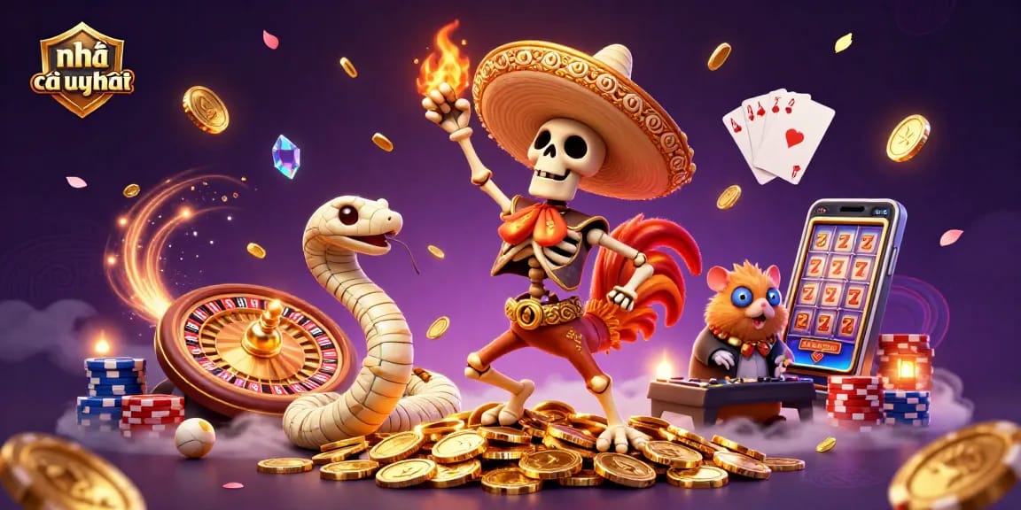 Experience the excitement at nhà cái uy tín with a lively 3D casino scene featuring dynamic characters and gold coins.