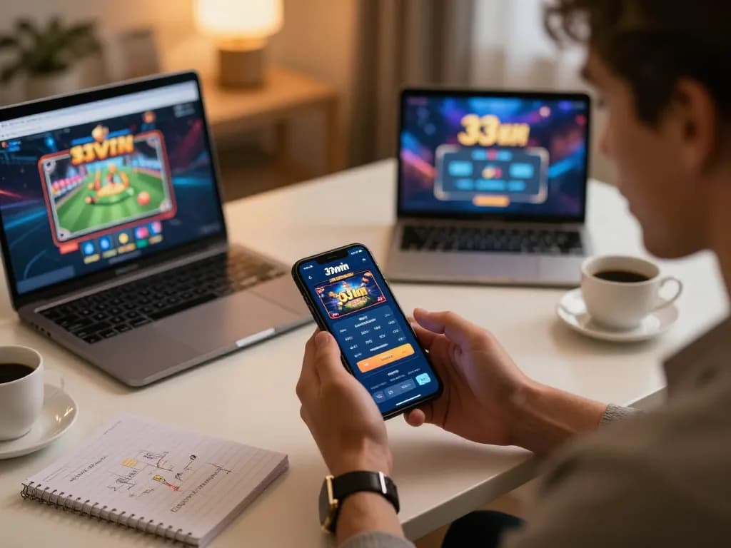 Player engaging with the 33win mobile app on smartphone in a stylish home setting while managing betting strategies.