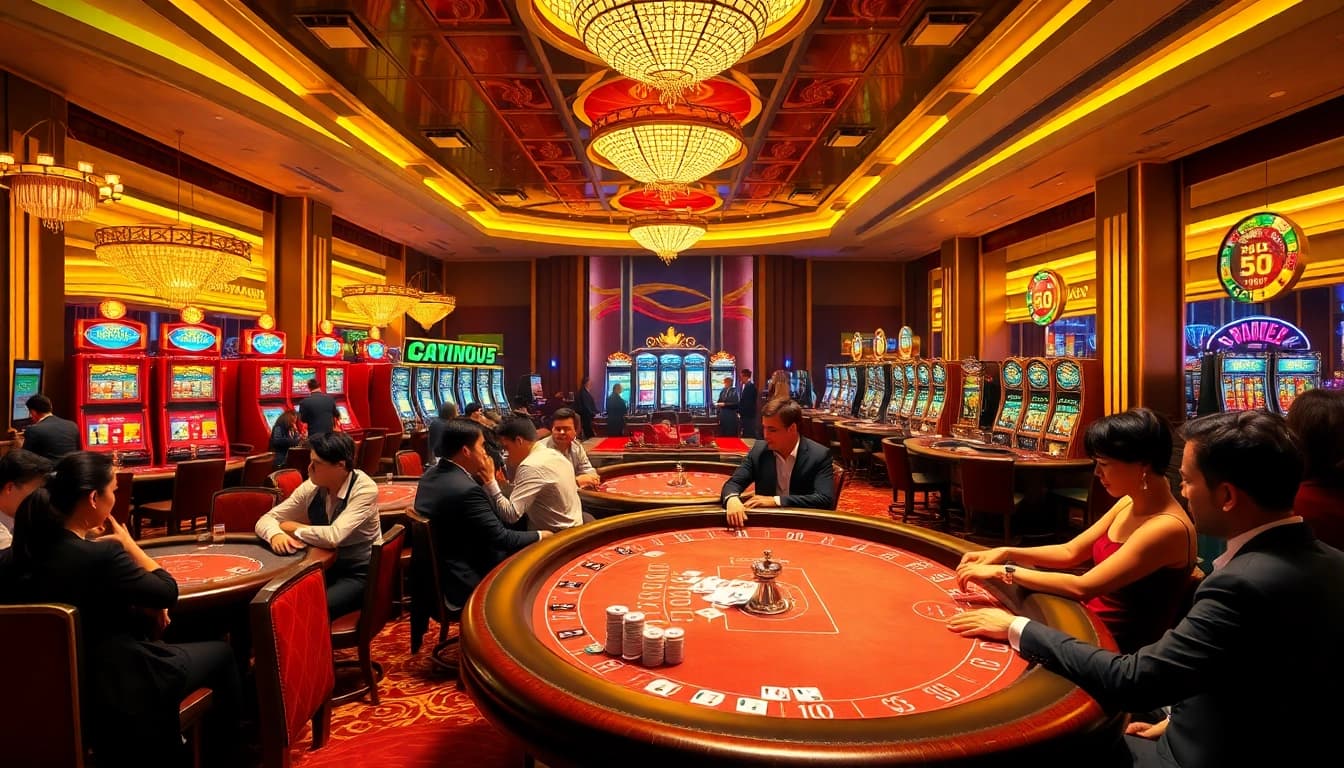 Players engaging in strategic gaming at rr88.com showcasing a vibrant casino atmosphere.